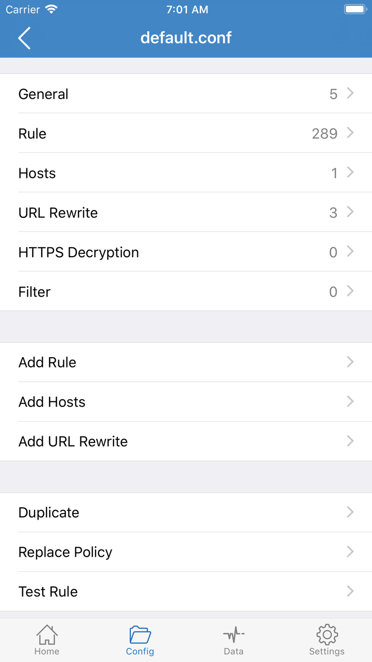 Shadowrocket 的 Config 官方截图，显示 General、Rule、Hosts、URL Rewrite、HTTPS Decryption 分段与 Add Rule