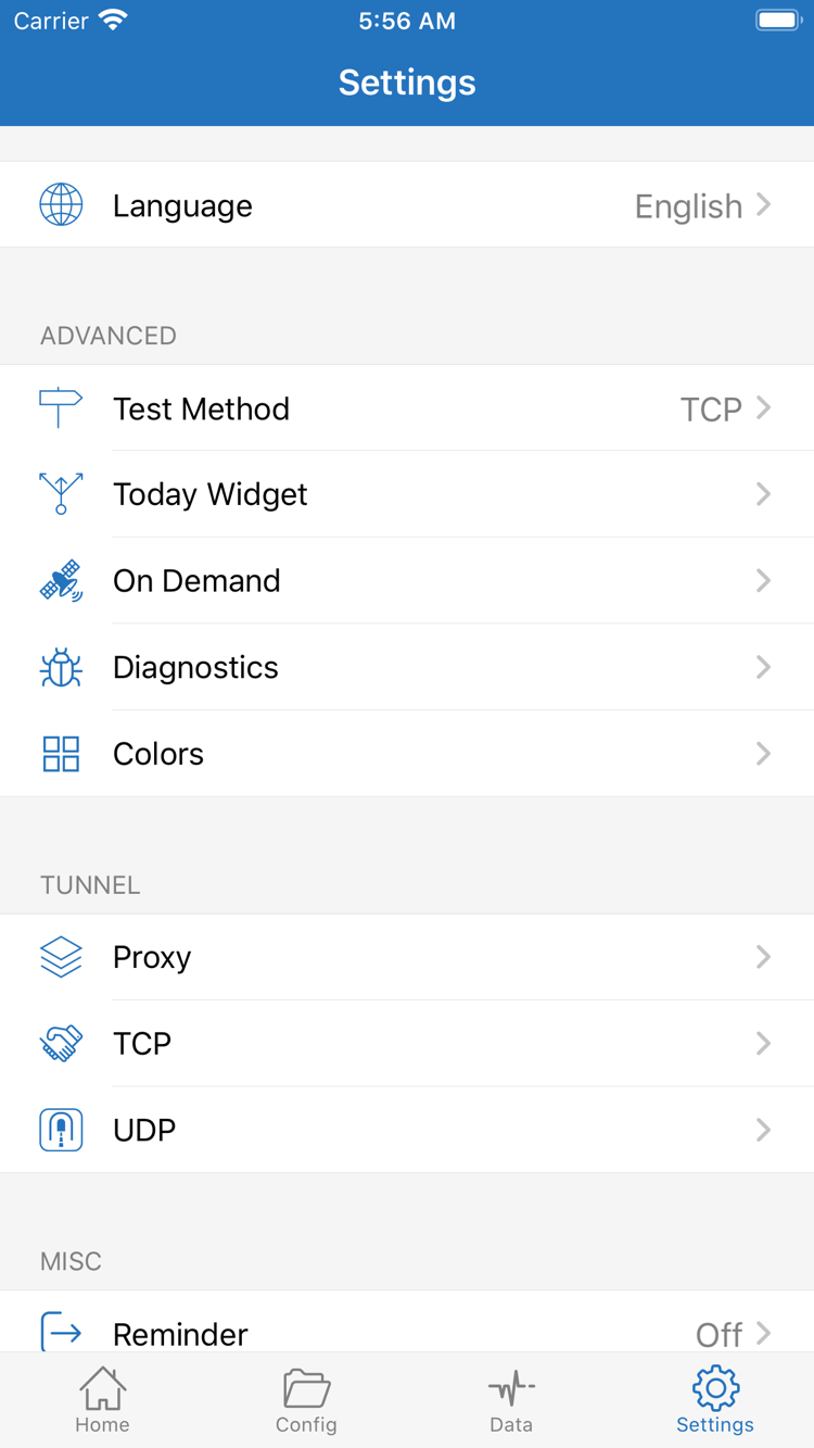 Shadowrocket 的 Settings 官方截图，显示 Language、Test Method、Today Widget、On Demand、Diagnostics、Proxy、TCP 与 UDP