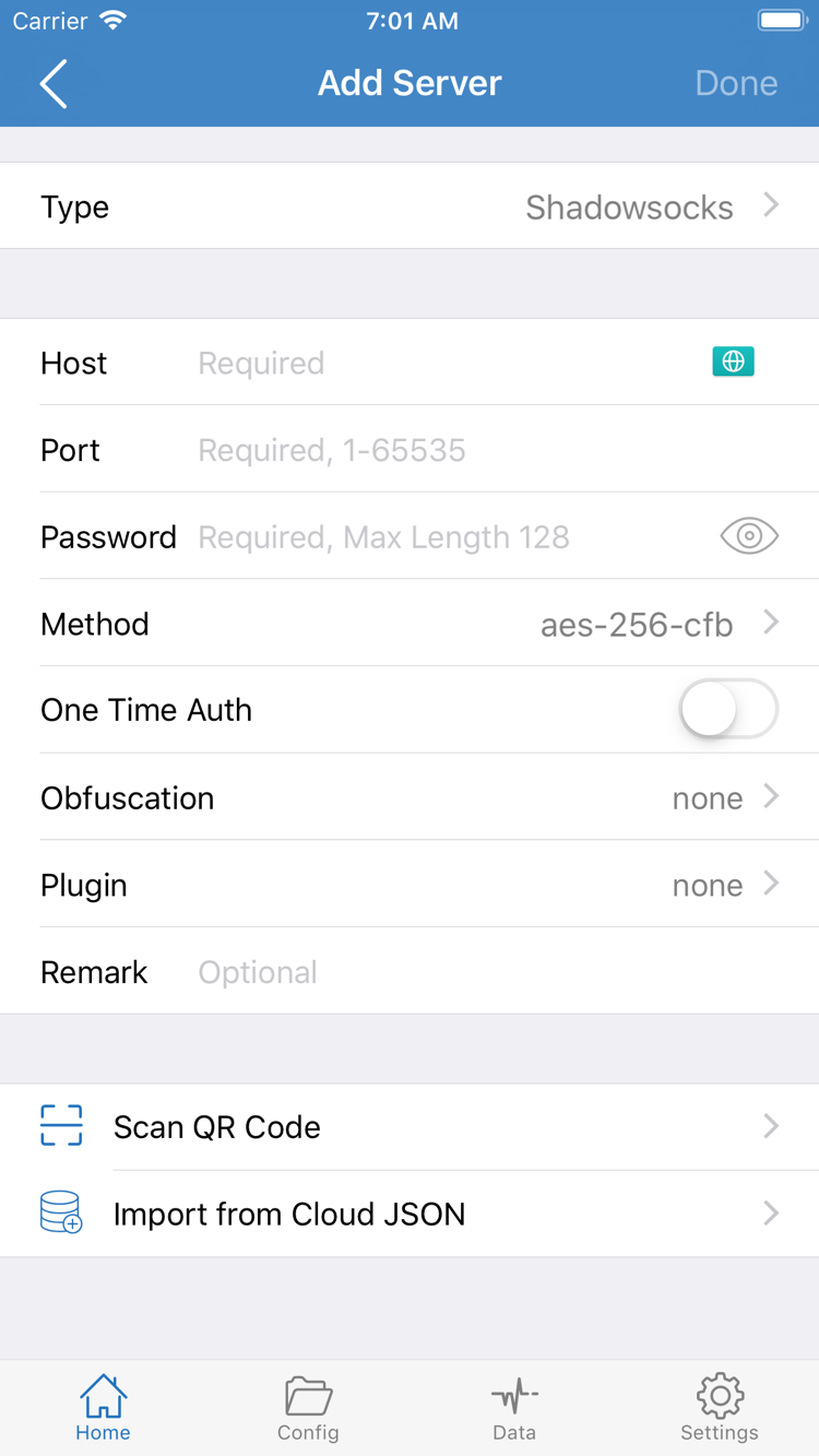 Shadowrocket 的 Add Server 官方截图，显示 Type、Host、Port、Password、Method 以及 Scan QR Code 和 Import from Cloud JSON