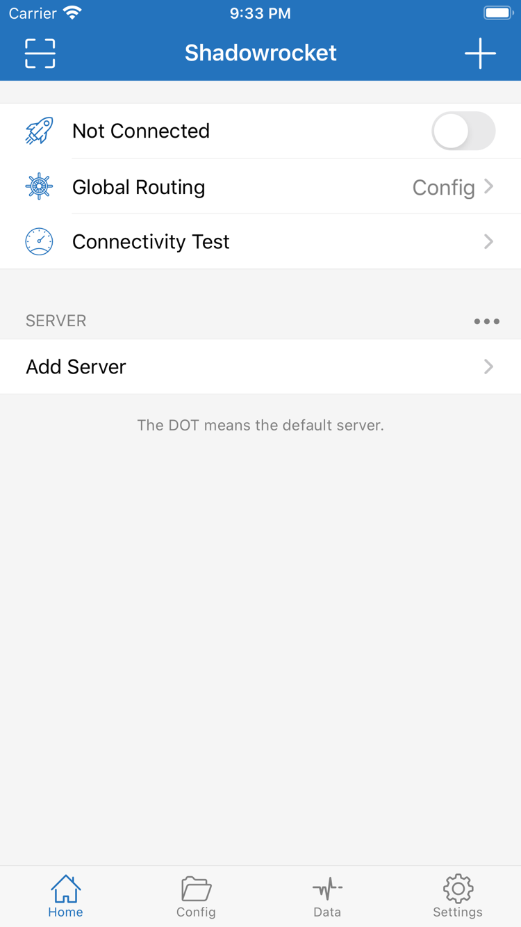 Official Shadowrocket Home screenshot showing the connection switch, Global Routing and Add Server